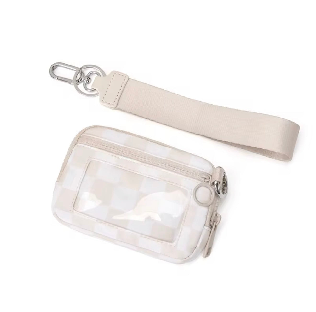 Card Holder Coin Purse Keychain Clutch - Checkered Beige