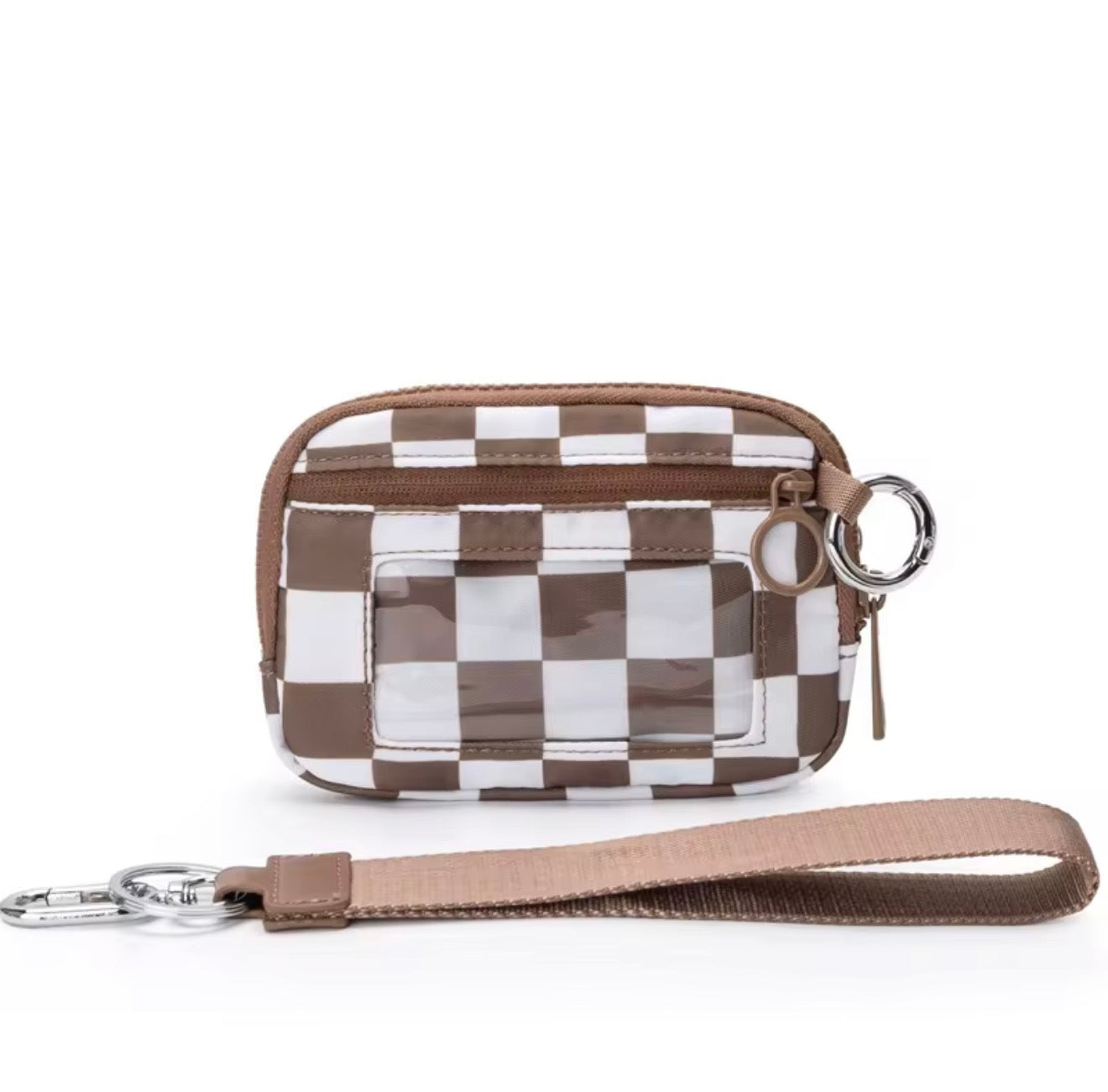 Card Holder Coin Purse Keychain Clutch - Checkered Brown